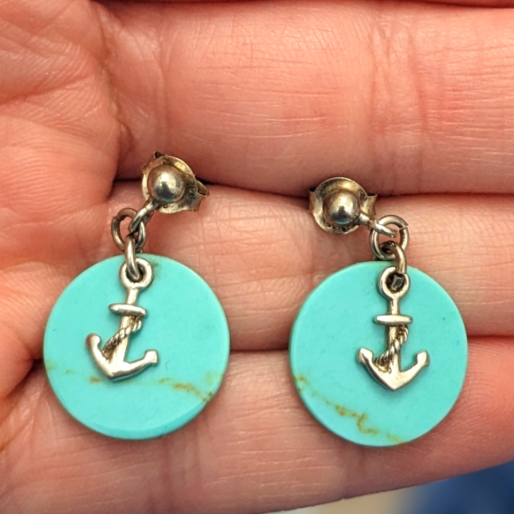 Nautical Anchor Turquoise Sterling Silver Earrings